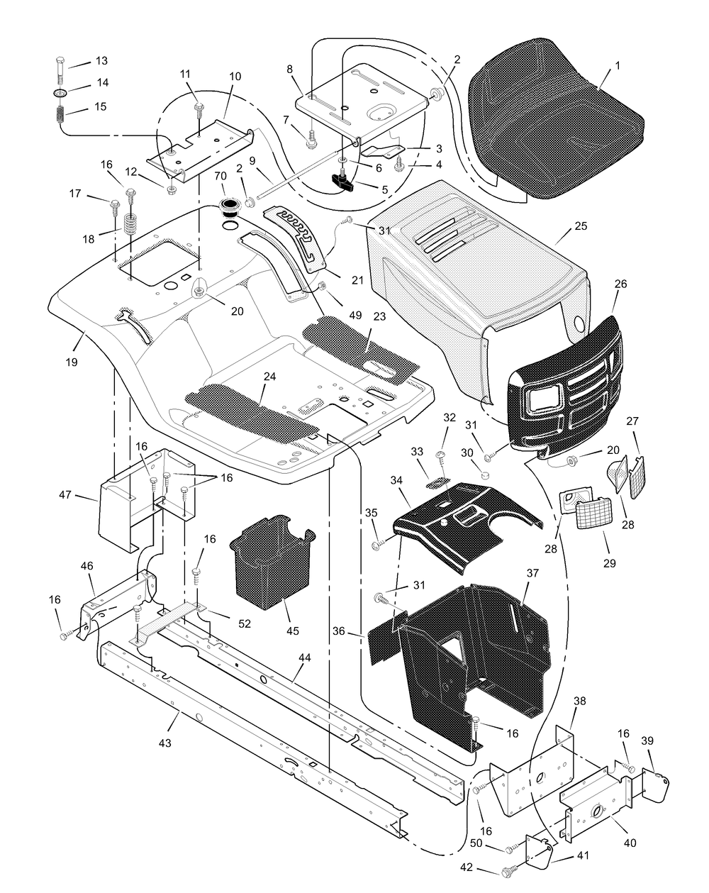 Chassis And Hood Diagram and Parts List for 385008X51B 2003 Briggs and Stratton Lawn Tractor